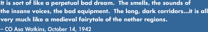 It is sort of like a perpetual bad dream.  The smells, the sounds of the insane voices, the bad equipment.  The long, dark corridors....it is all very much like a medieval fairytale of the nether regions.